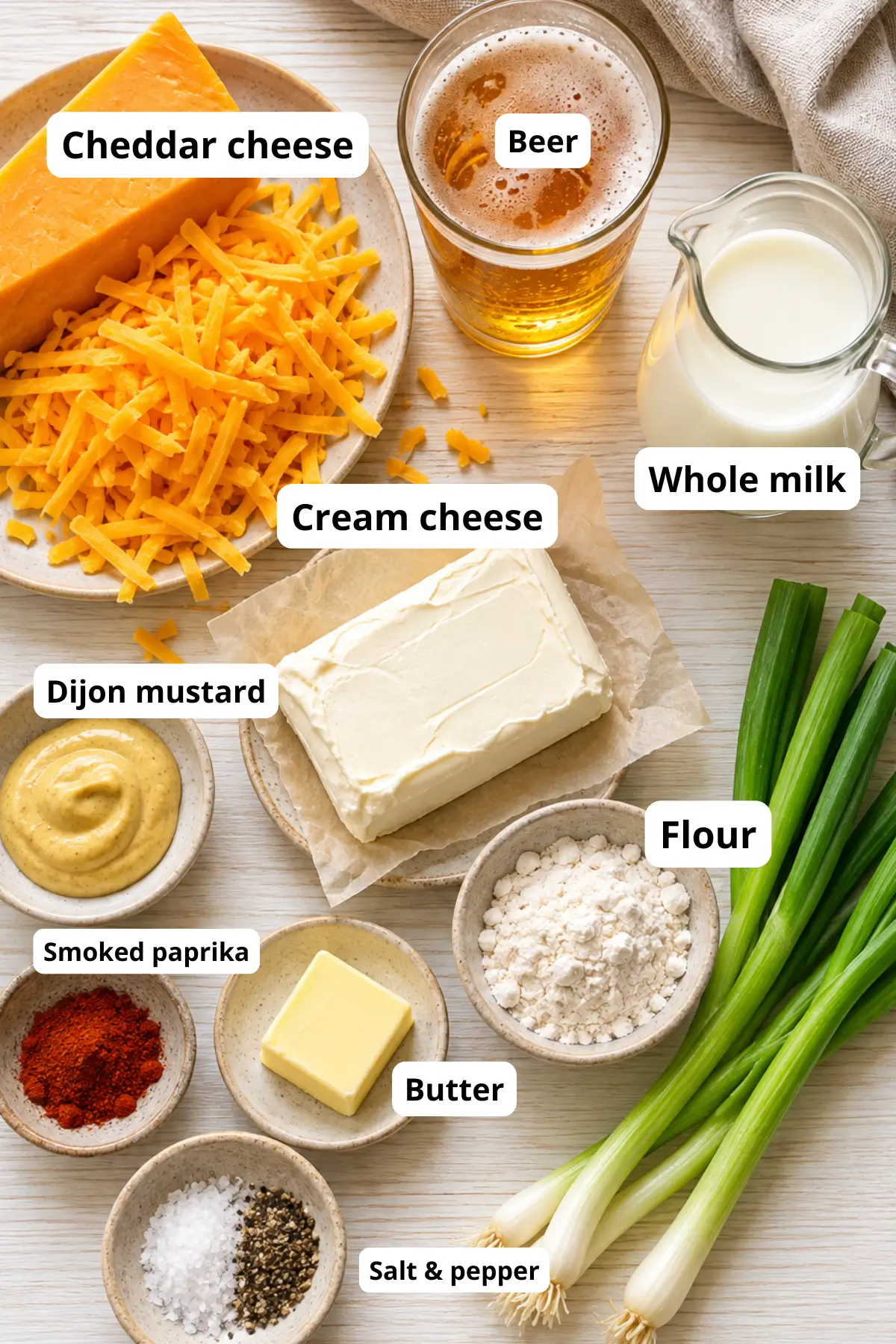 Creamy Beer Cheese Dip for Pretzel Bites Ingredients for making the ultimate hot beer cheese dip recipe.