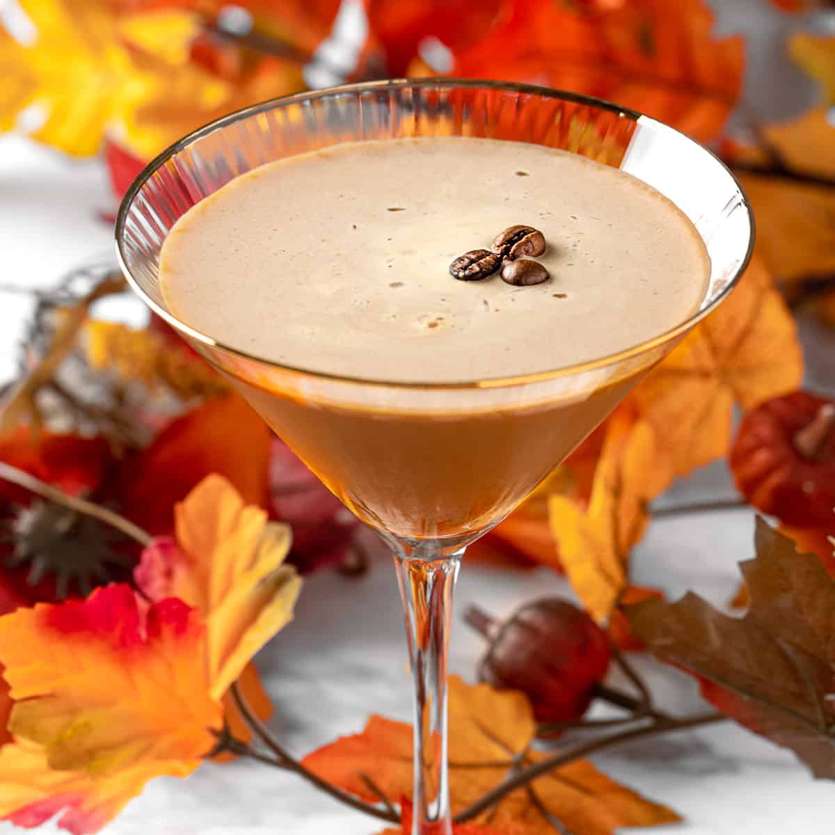 A pumpkin espresso martini in martini glass garnished with espresso beans and surrounded by Fall leaves.