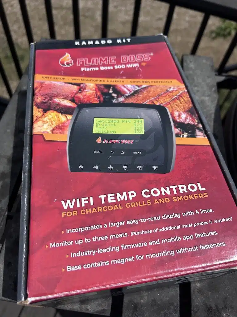Flame Boss 500 Review: Is It Worth the Investment? A Flame Boss 500 box on the side table of my Kamado Joe Grill.