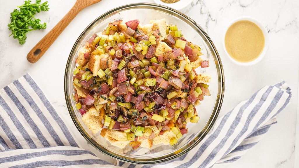 All of the smoked stuffing ingredients in a large mixing bowl to gently stir together.