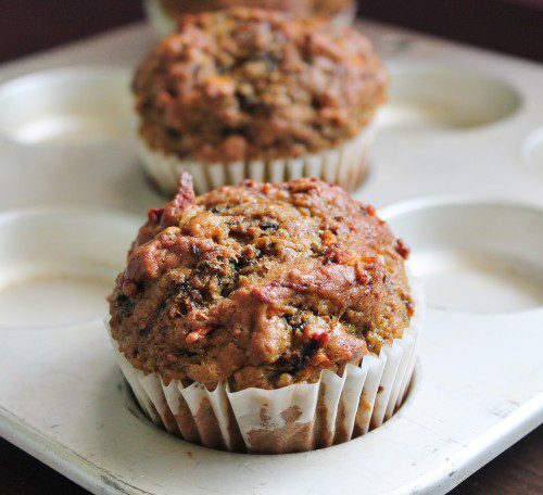 Carrot and Beet Muffins in a muffin tin.