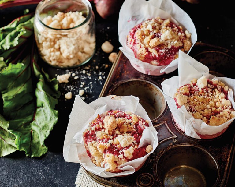 Beet muffins in paper lined muffin tin,