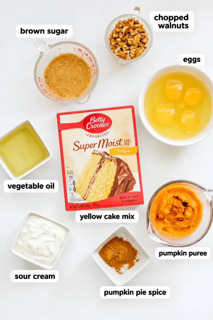 Ingredients for pumpkin honey bun cake including cake mix, pumpkin puree, and spices.
