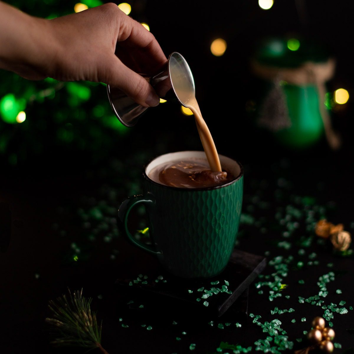 Baileys hot chocolate in a green cup.