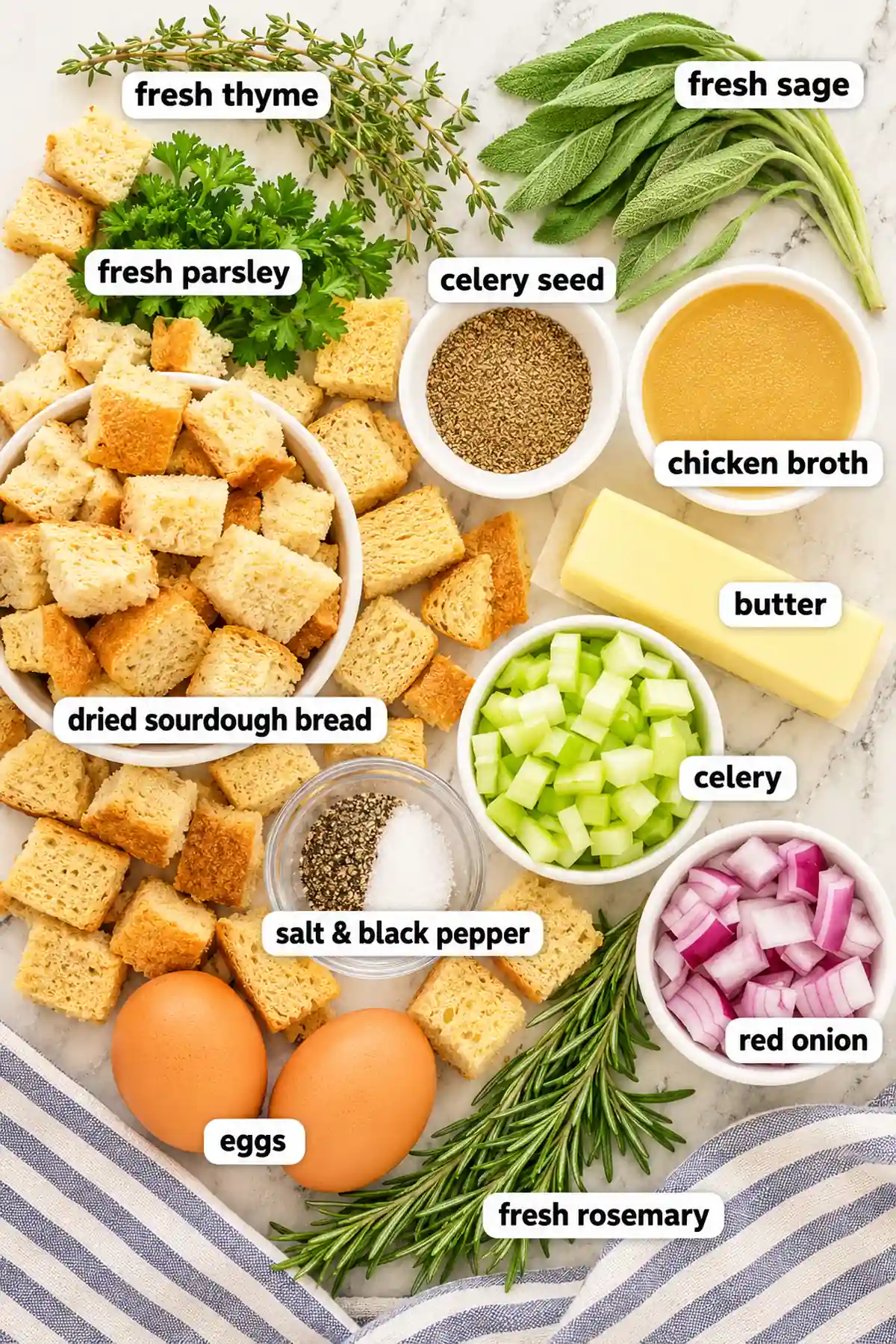 Smoked stuffing ingredients with herbs, bread, and vegetables