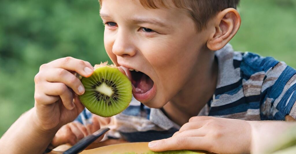 A boy in a stripped shirt eating a slice of fresh kiwi, one fruit in season in November.