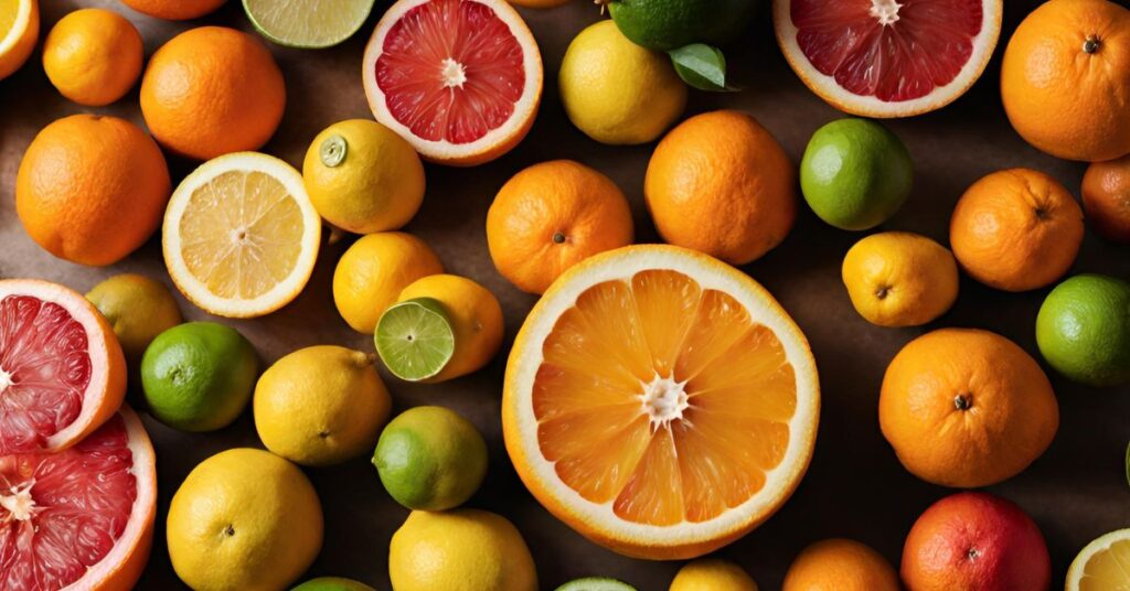 Limes, oranges, lemons, and grapefruit on a wooden cutting board.