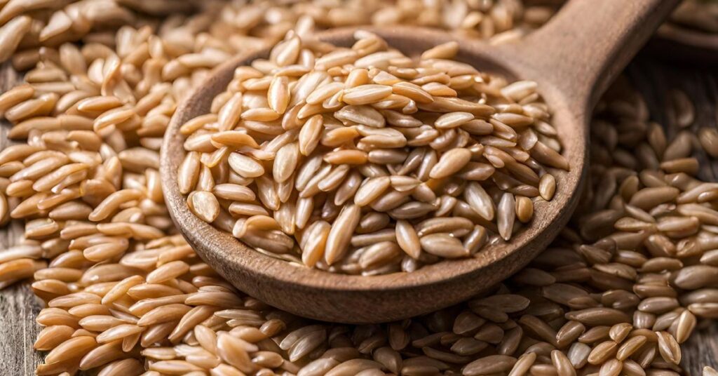 A close up image of farro on a wooden spoon, one of the best substitutes for barley.