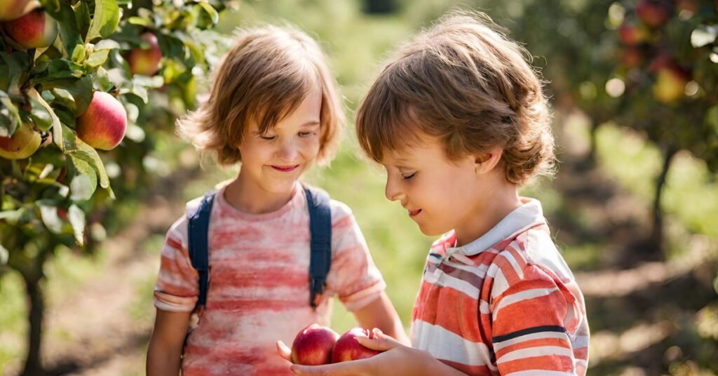 Two boys picking apples in an apple orchard in November.