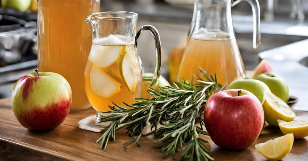 Apple cider in a glass pitcher, lemons and apples, and fresh rosemary to make apple rosemary gin fizz.