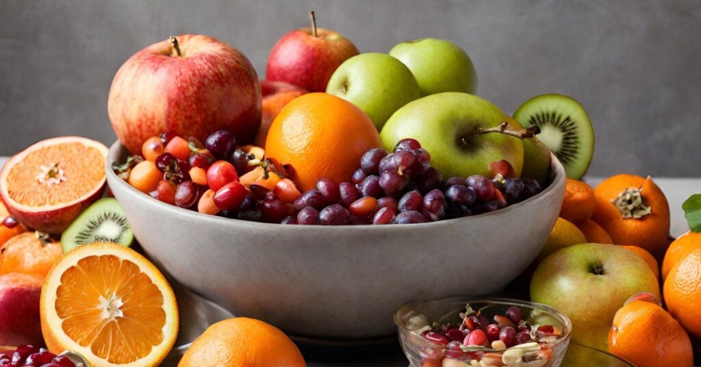 A gray bowl filled with fruit in season in November surrounded by additional November seasonal fruits.