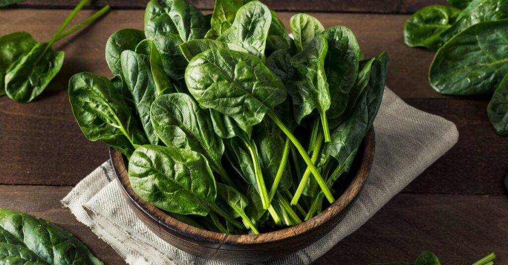 Fresh spinach leaves in a wooden bowl with a napkin under it on a wooden counter.