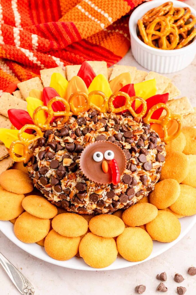8 Delectable Turkey Desserts for Thanksgiving Thanksgiving turkey cheese ball dessert with chocolate chips and pretzel feathers