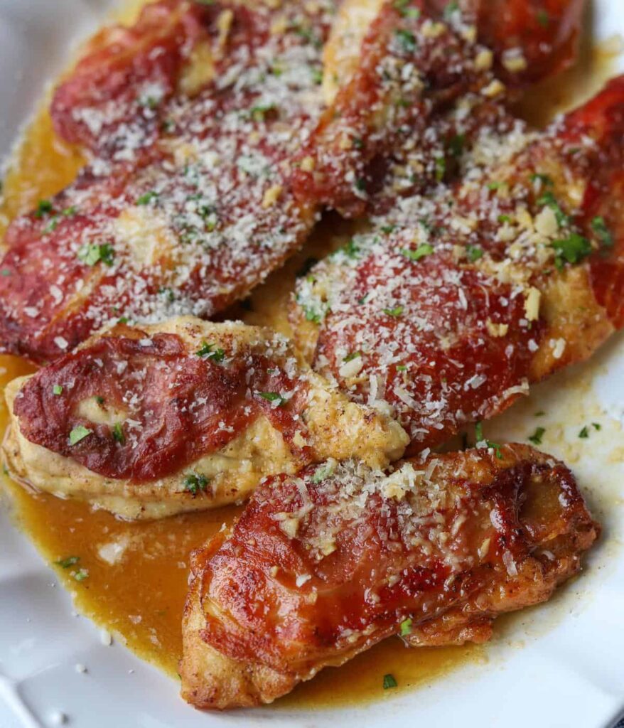 13 Recipes for Thinly Sliced Chicken Breasts A white plate featuring chicken prosciutto! Yum!