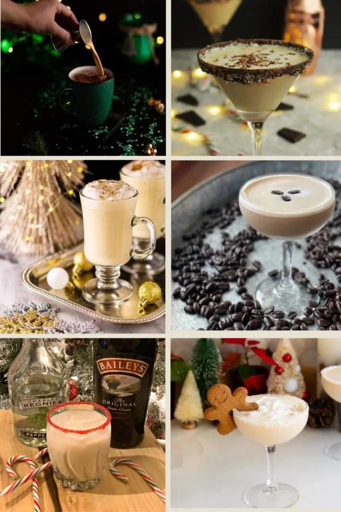 Collage of Christmas Baileys Irish Cream cocktails, coffee, and espresso martinis