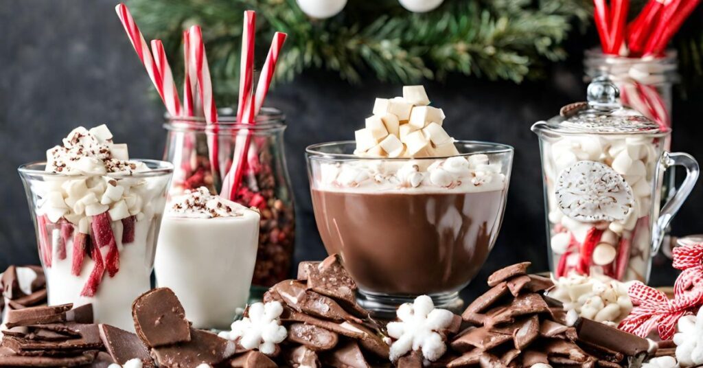 A gorgeous red and white themed hot chocolate bar set-up.