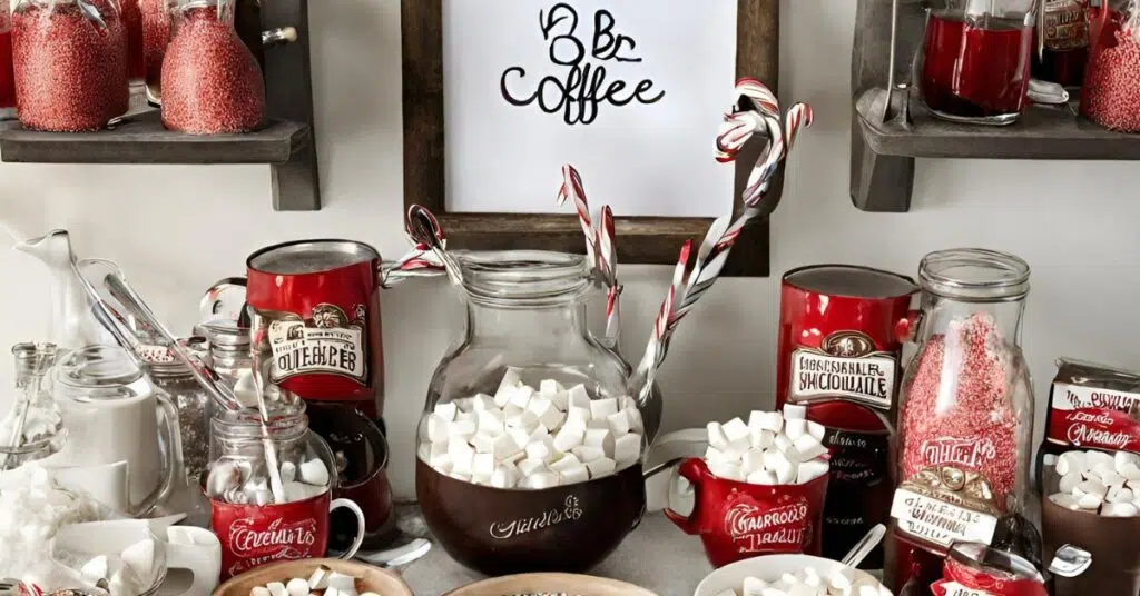 A rustic themed hot chocolate bar in reds and browns.