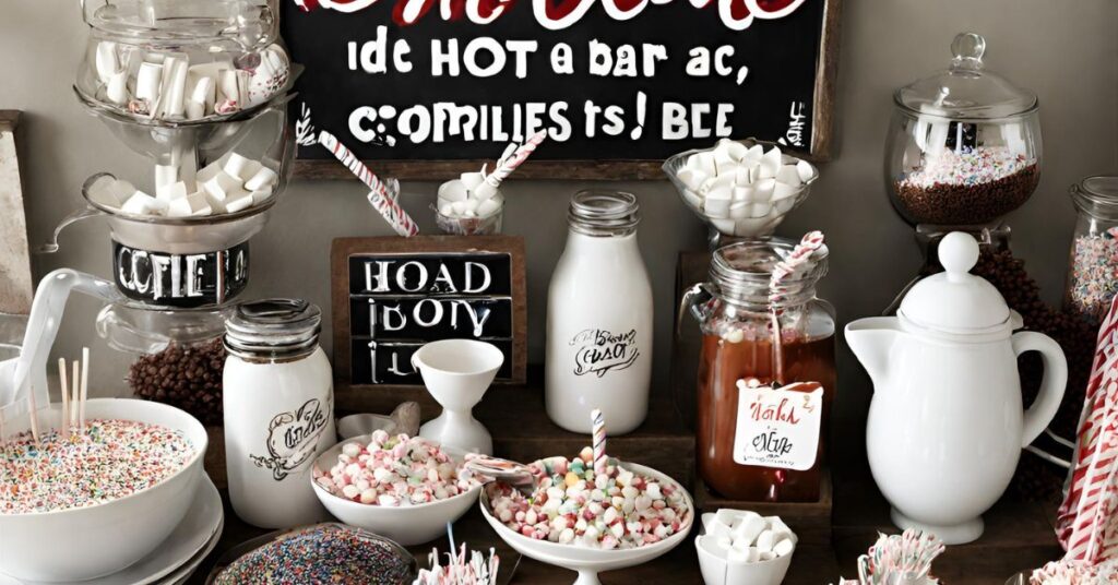 A black and white themed hot cocoa bar with a variety of toppings and mix-ins.