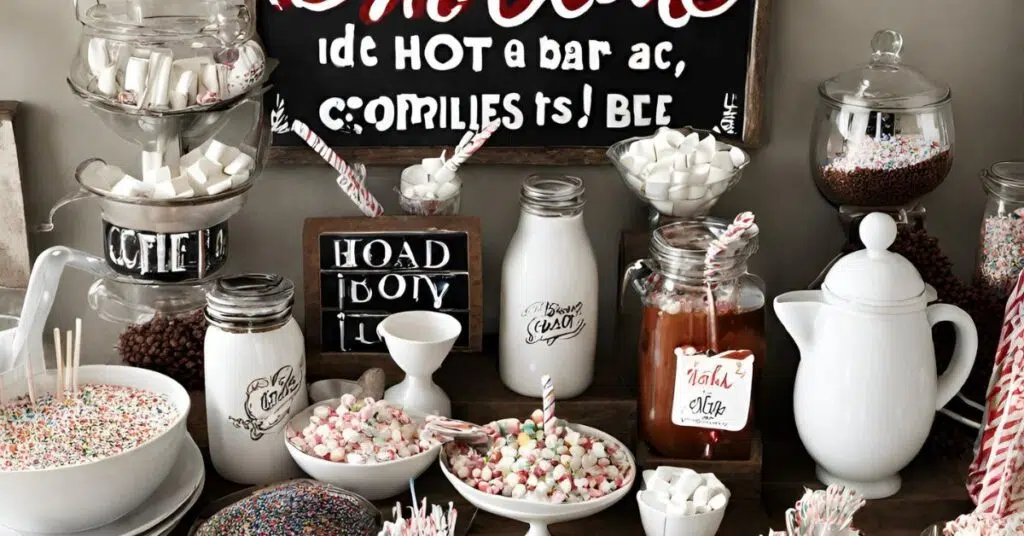 A black and white themed hot cocoa bar with a variety of toppings and mix-ins.