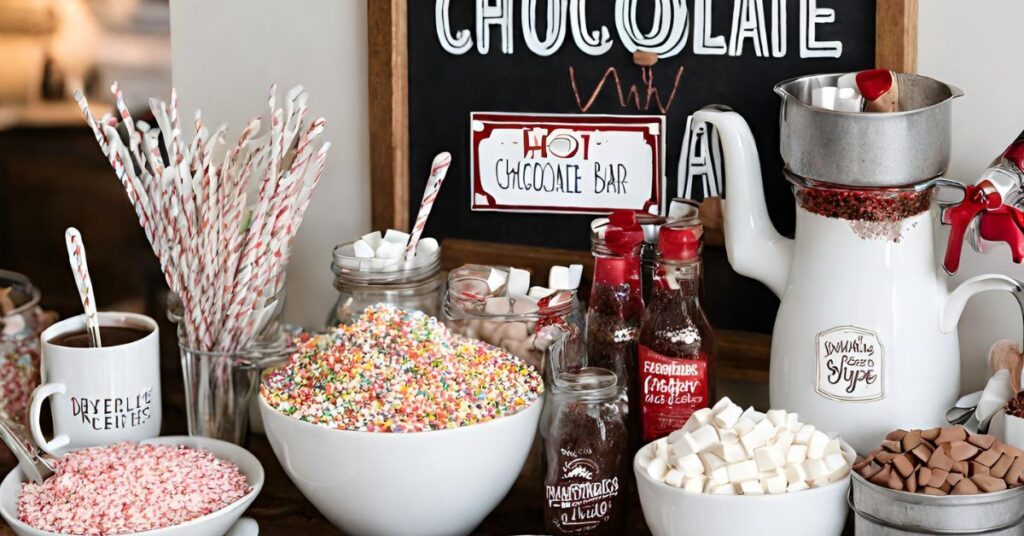 A hot chocolate bar featuring a large hot chocolate bar sign and a variety of mix-ins and toppings for hot cocoa.