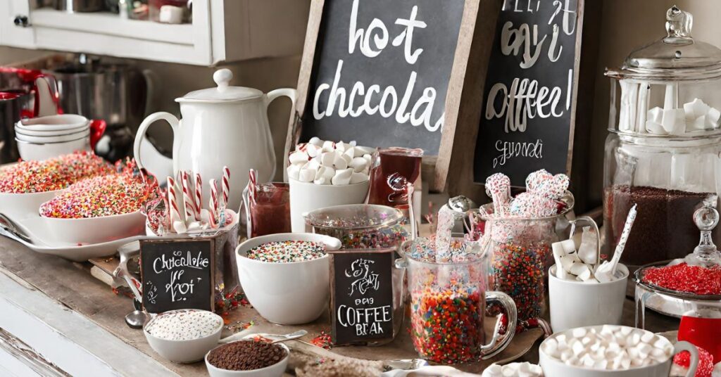 A hot chocolate bar with a variety of toppings including sprinkles, marshmallows and peppermint sticks.