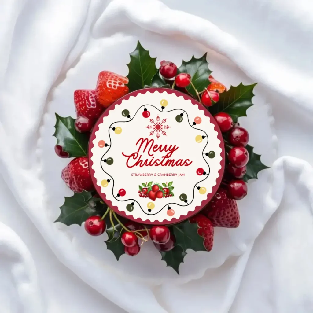 cHRISTMAS LABEL for can Merry Christmas strawberry cranberry jam label with holly and red berries