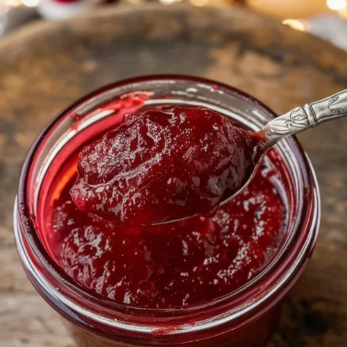 Homemade cranberry sauce in a glass jar with spoon