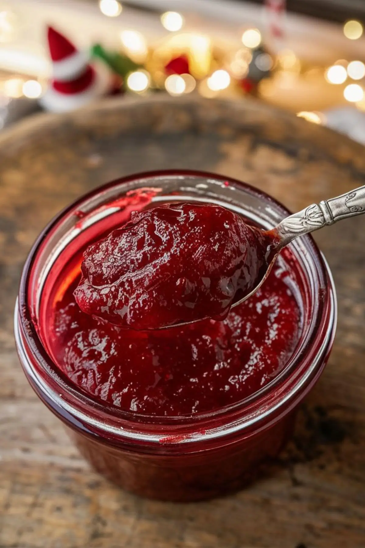 Easy Christmas Jam Recipe Homemade cranberry sauce in a glass jar with spoon