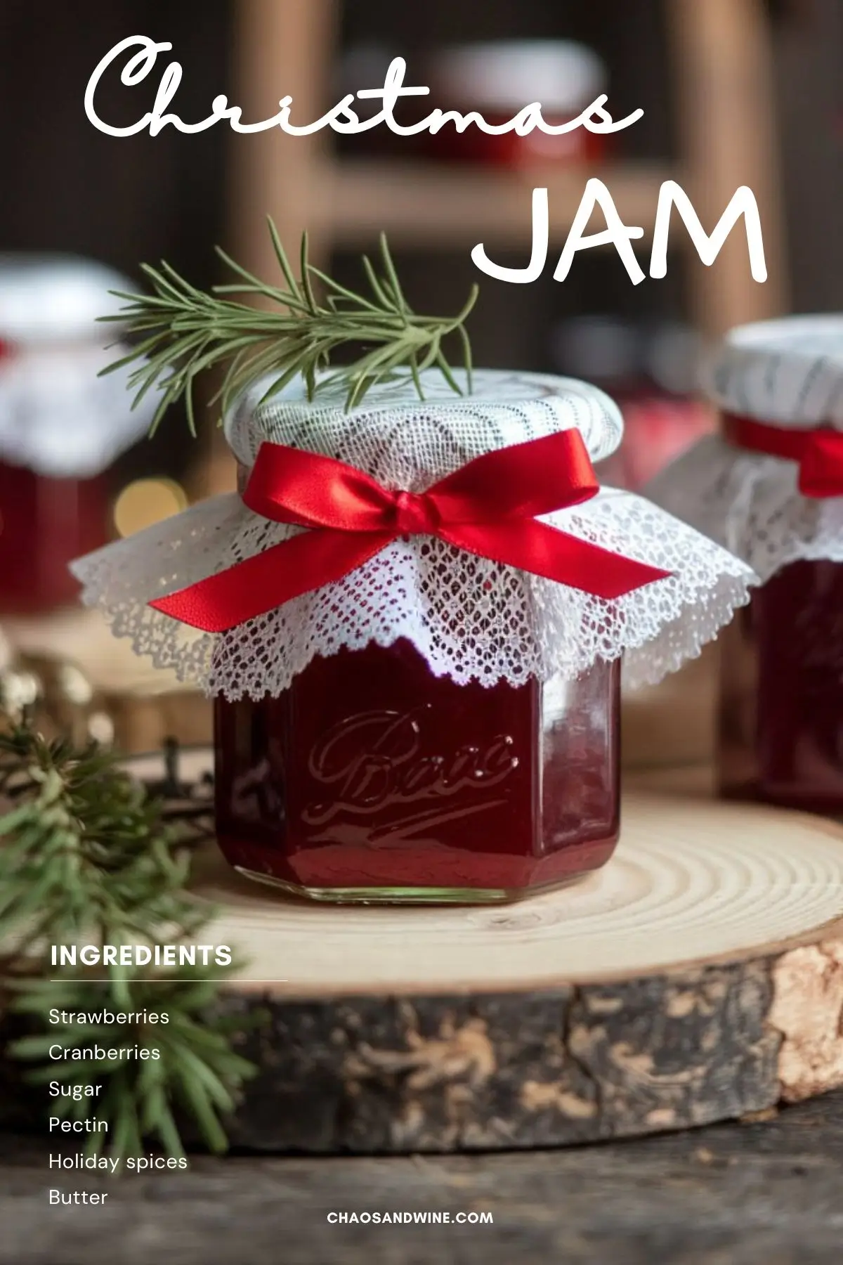 Easy Christmas Jam Recipe Festive cranberry strawberry Christmas jam jar with red ribbon