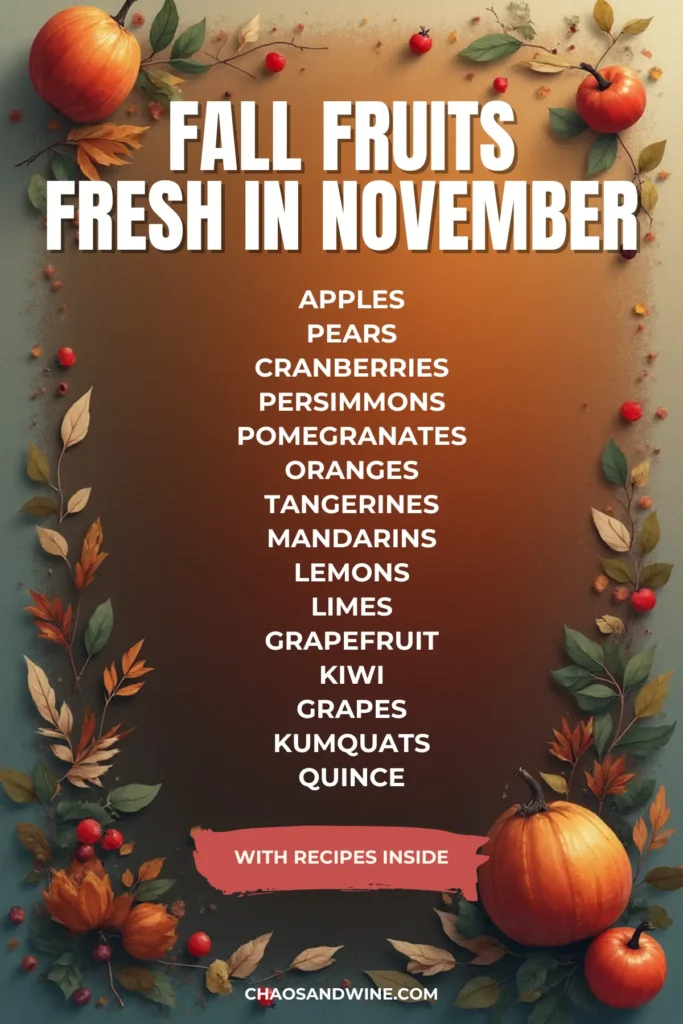 Fall fruits fresh in November poster listing apples, pears, citrus
