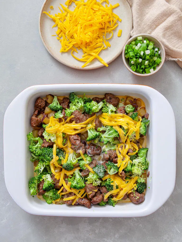 Potato Sausage Broccoli Breakfast Casserole Potato Sausage Broccoli Breakfast Casserole assembled and ready to be baked in the oven.