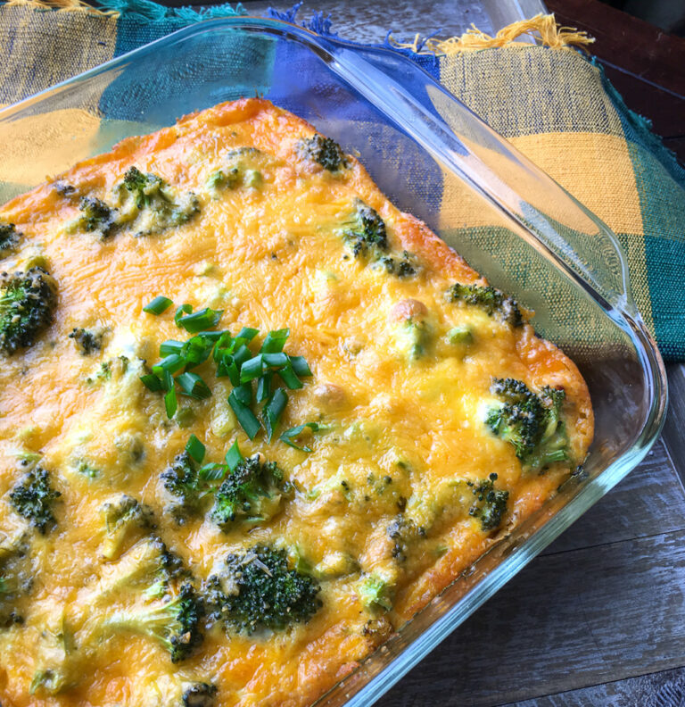 Potato Sausage Broccoli Breakfast Casserole in a casserole dish on a table.