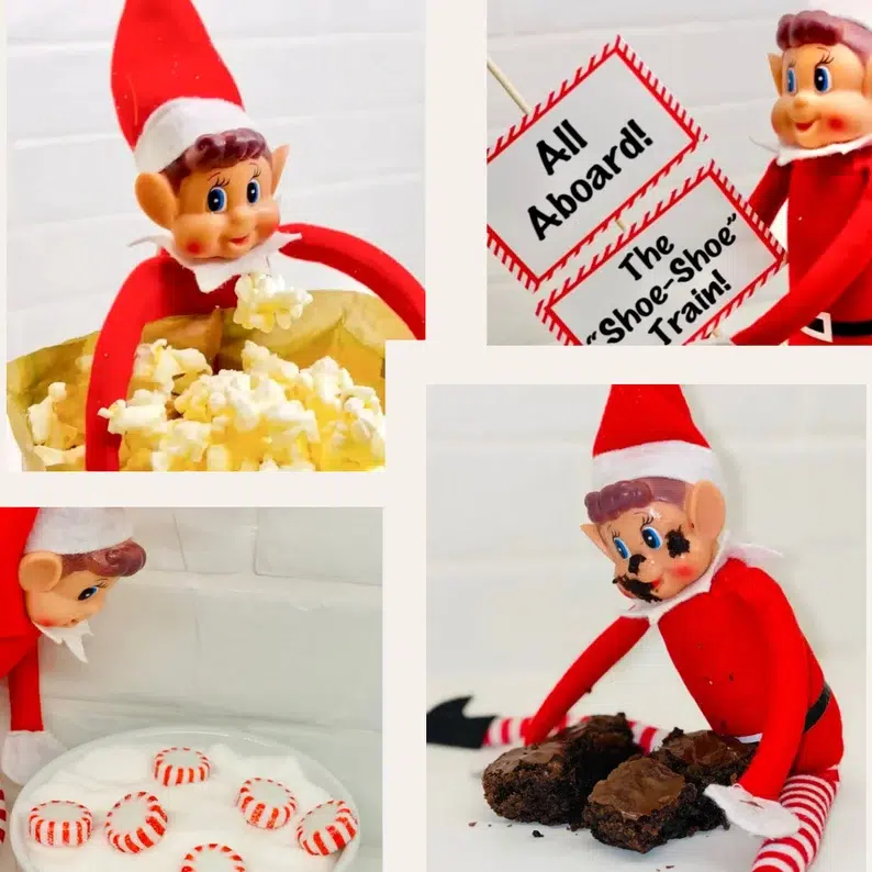 Four pictures of the Elf with different ideas that come in the Elf Kit.