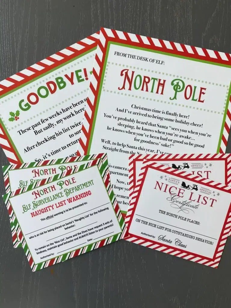 Printables that come in the Elf kit by the Sterrling sisters including a Welcome letter, natughty and a nice letterr as well as a Goodbye letter.