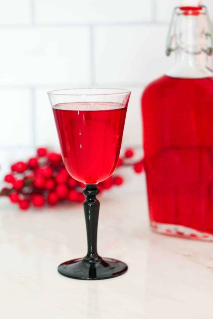 Red cranberry cocktail in a black-stem glass with bottle, festive drink
