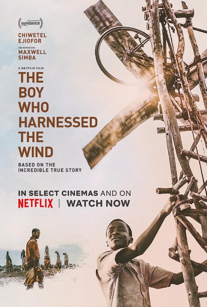 The Boy Who Harnessed the Wind movie poster with a boy building a windmill