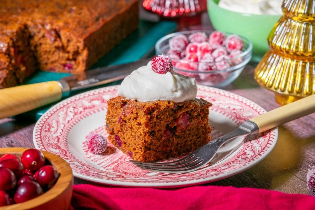 Holiday cranberry gingerbread cake slice with whipped cream and sugared cranberries