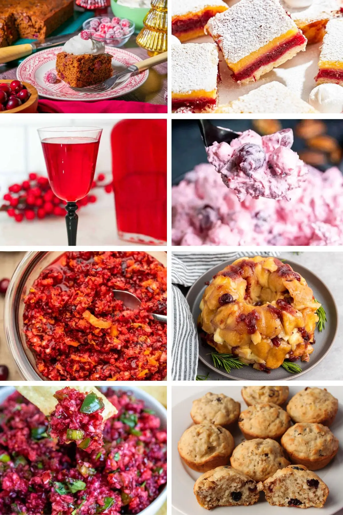 Holiday cranberry recipes collage: cake, bars, drink, fluff, relish, monkey bread, salsa, muffins.