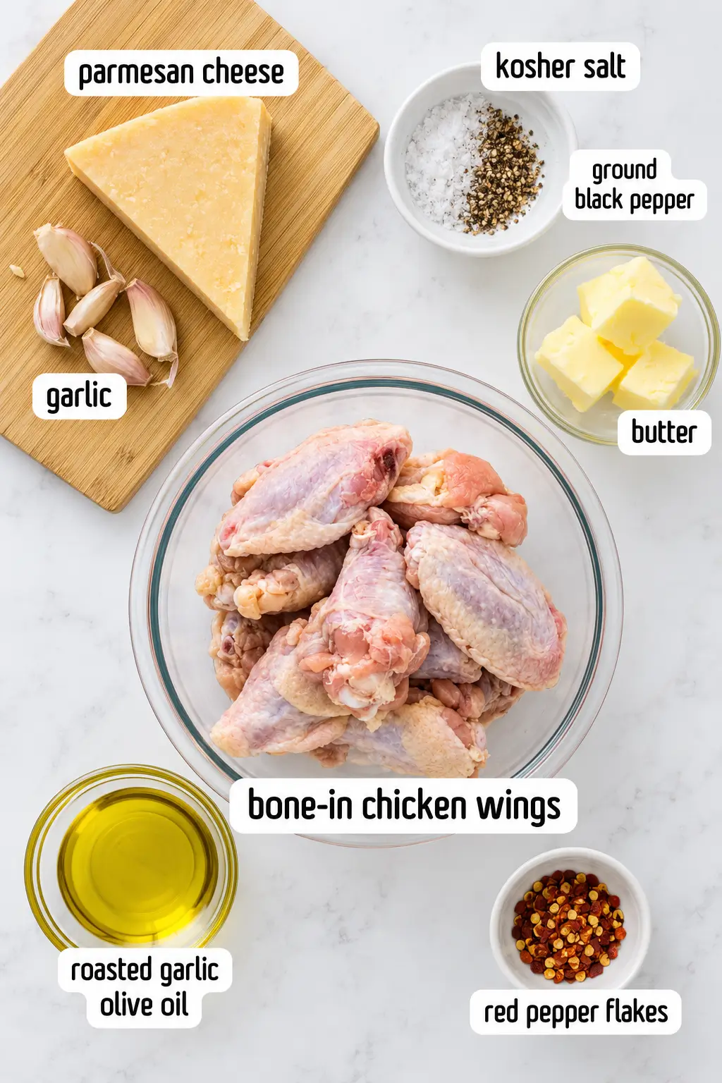 Ingredients for homemade Buffalo Wild Wings Garlic Parmesan Wings