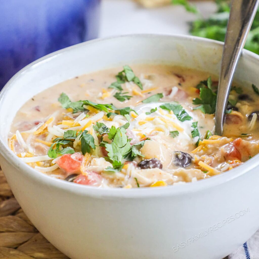 Creamy chicken chili soup with beans, cheese, and fresh cilantro