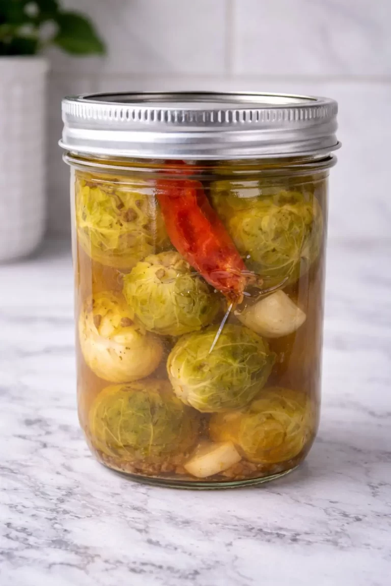 Jar of pickled Brussels sprouts with garlic and chili pepper on marble