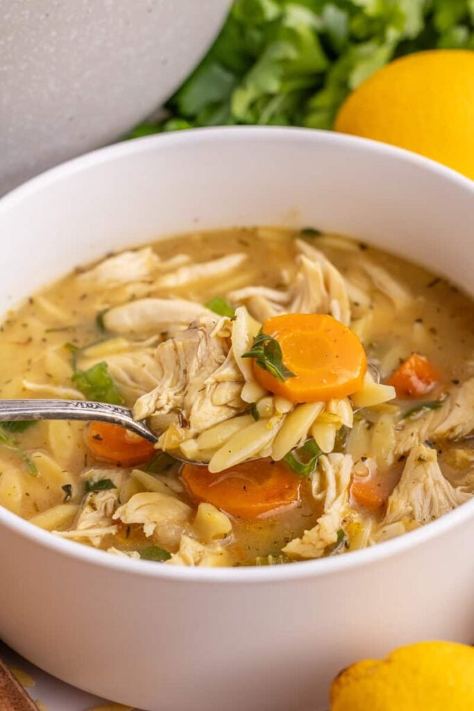 Homemade chicken soup with carrots and pasta in a white bowl
