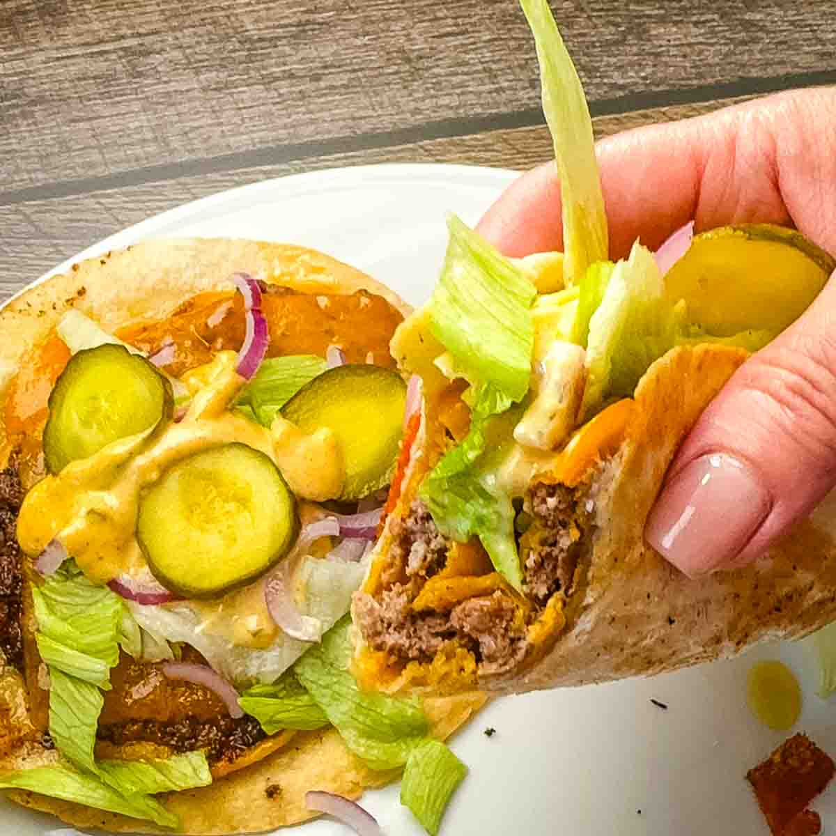 smash burger tacos on serving tray