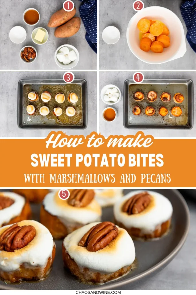 Step-by-step process of making roasted sweet potato recipes with marshmallow and pecan toppings. Illustrated guide to an easy sweet potato snack or appetizer.