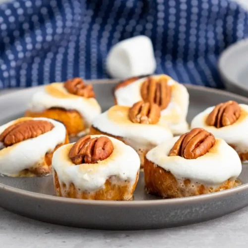 roasted sweet potato bites with pecans and marshmellows