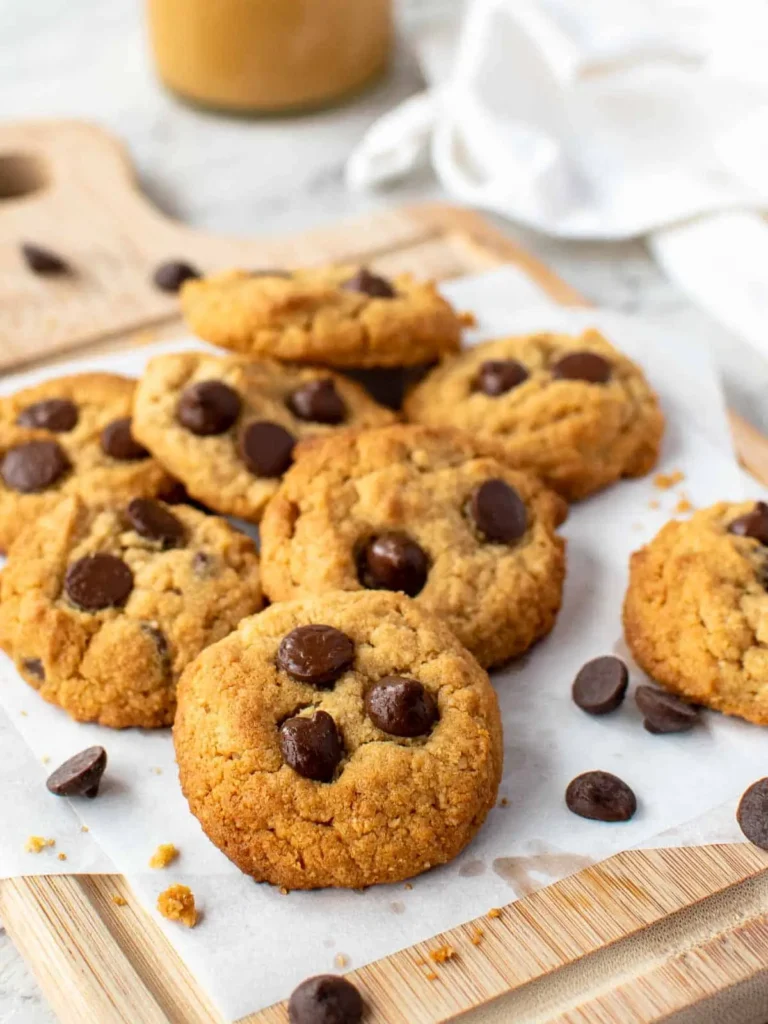 Classic almond flour peanut butter cookies with chocolate chips, presented on a wooden tray for a warm, homemade feel.