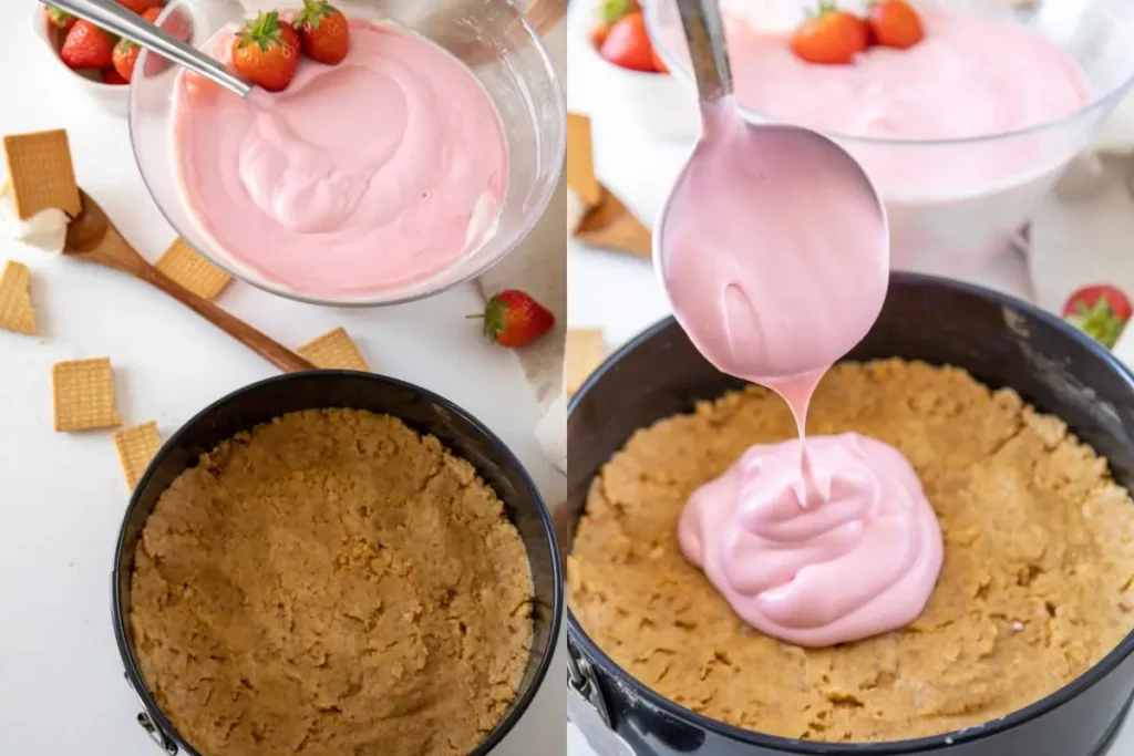 assembling cheesecake with strawberries