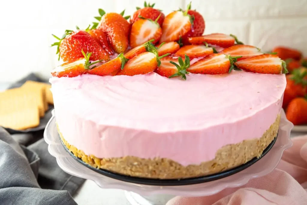 a close up of strawberry cheesecake perfect for Valentines day dessert recipe