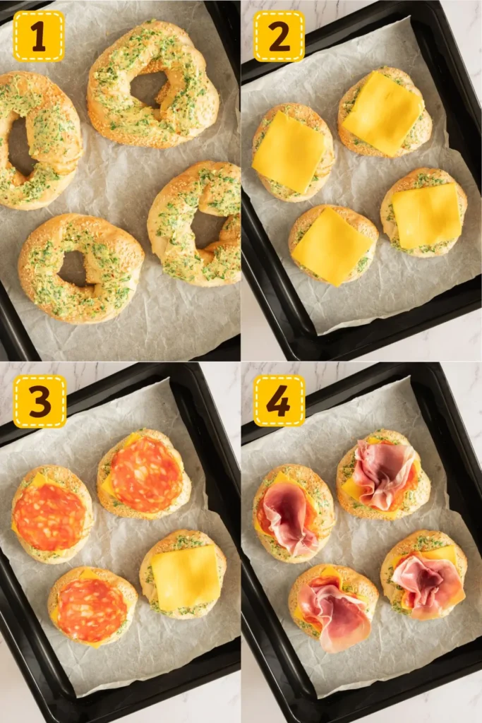 Step by step to make mini breakfast bagels with egg, prosciutto, and cheddar cheese