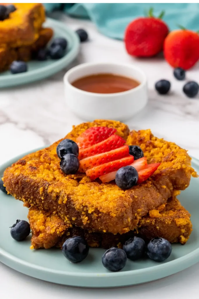 Thick slices of cinnamon crunch bread turned into the best French toast recipe, topped with powdered sugar and strawberries.